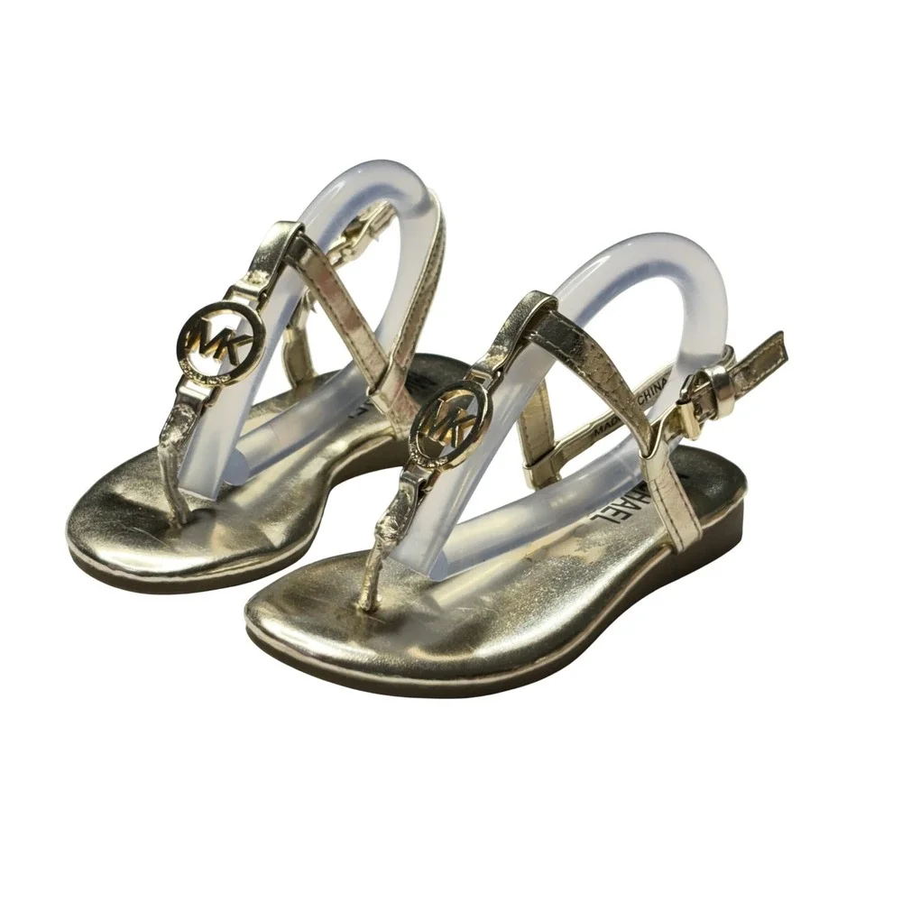 Michael Kors Mandy Thong T-Strap Sandals sz‎ 7 Gold Medallion Toddler